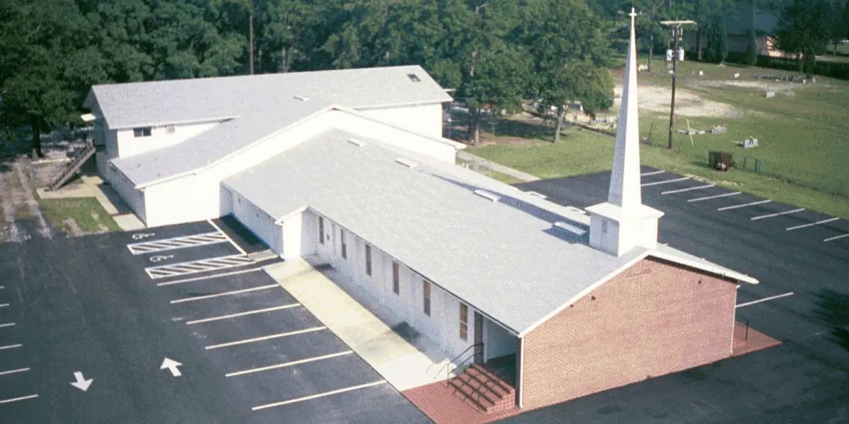 The Law of Liberty Baptist Church building and steeple from above