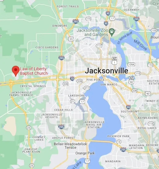 Map showing Law of Liberty Baptist Church west of downtown Jacksonville near I-10